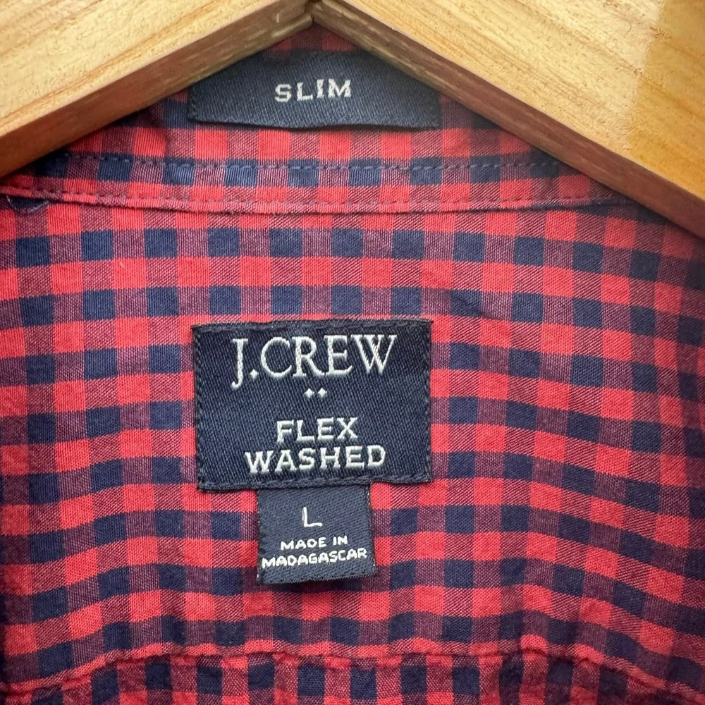 J.Crew Button-Down Shirt Mens Size L Red Navy Gingham Slim Fit Long‎ Sleeve Flex